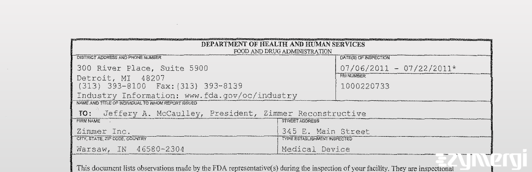 FDANews 483 Zimmer, Inc. Jul 22 2011 top
