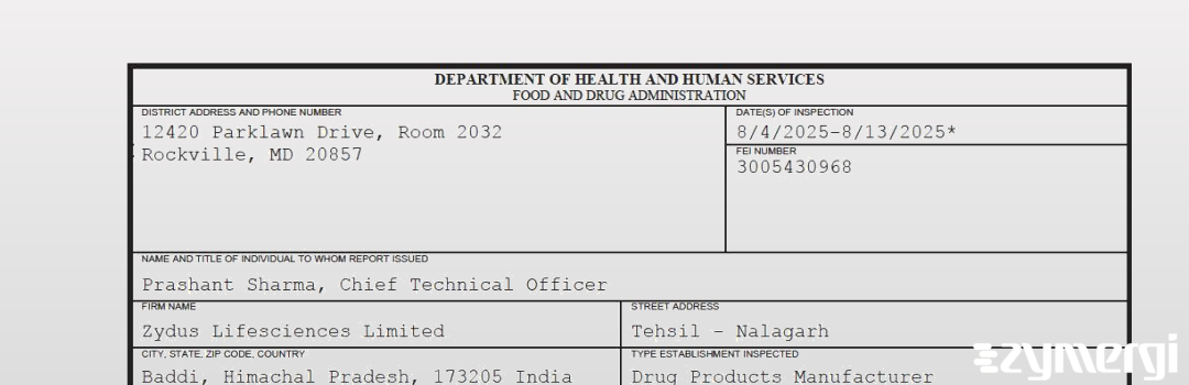 FDANews 483 ZYDUS LIFESCIENCES LIMITED Aug 13 2025 top