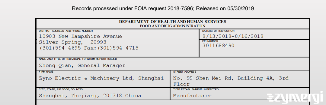 FDANews 483 Zyno Electric & Machinery Ltd, Shanghai Aug 16 2018 top