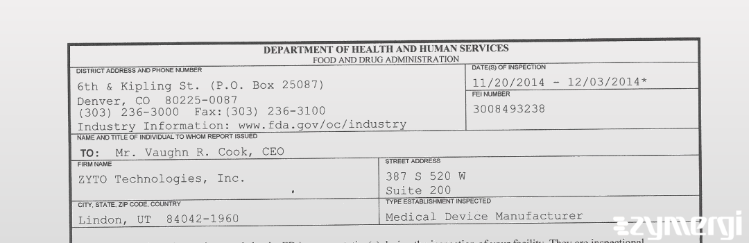 FDANews 483 ZYTO Technologies, Inc. Dec 3 2014 top