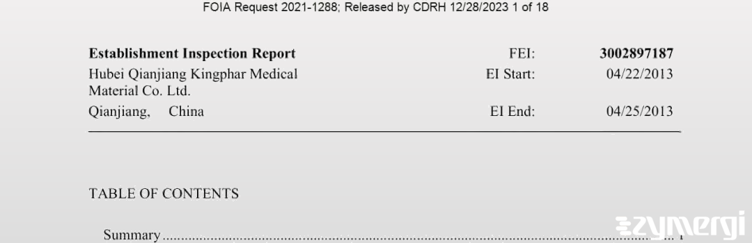 FDANews EIR Hubei Qianjiang Kingphar Medical Material Co. Ltd. Apr 25 2013 top
